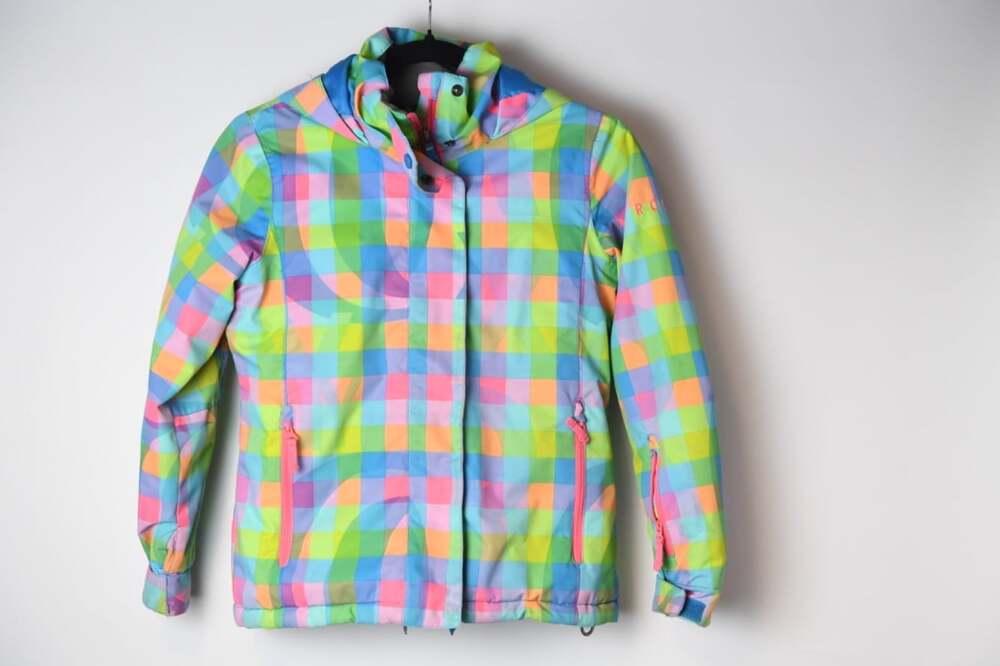 Roxy Girls Size 10 Ski Jacket Snowboard Coat Neon Rainbow Plaid Checkered Hooded